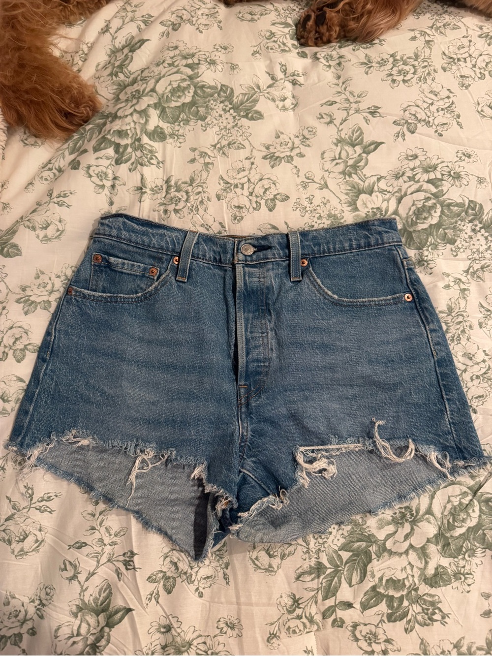 Levi's Medium Blue High-Rise Distressed Jean Shorts